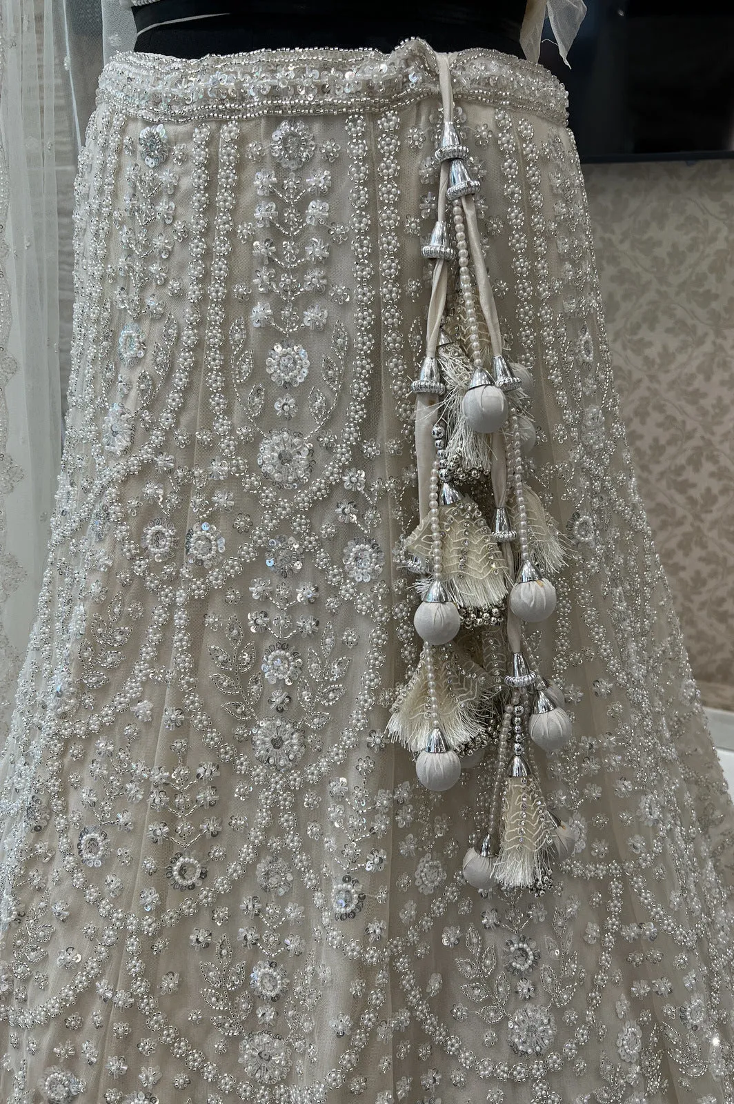 Cream Pearl, Sequins and Beads work Semi Stitched Designer Bridal Lehenga