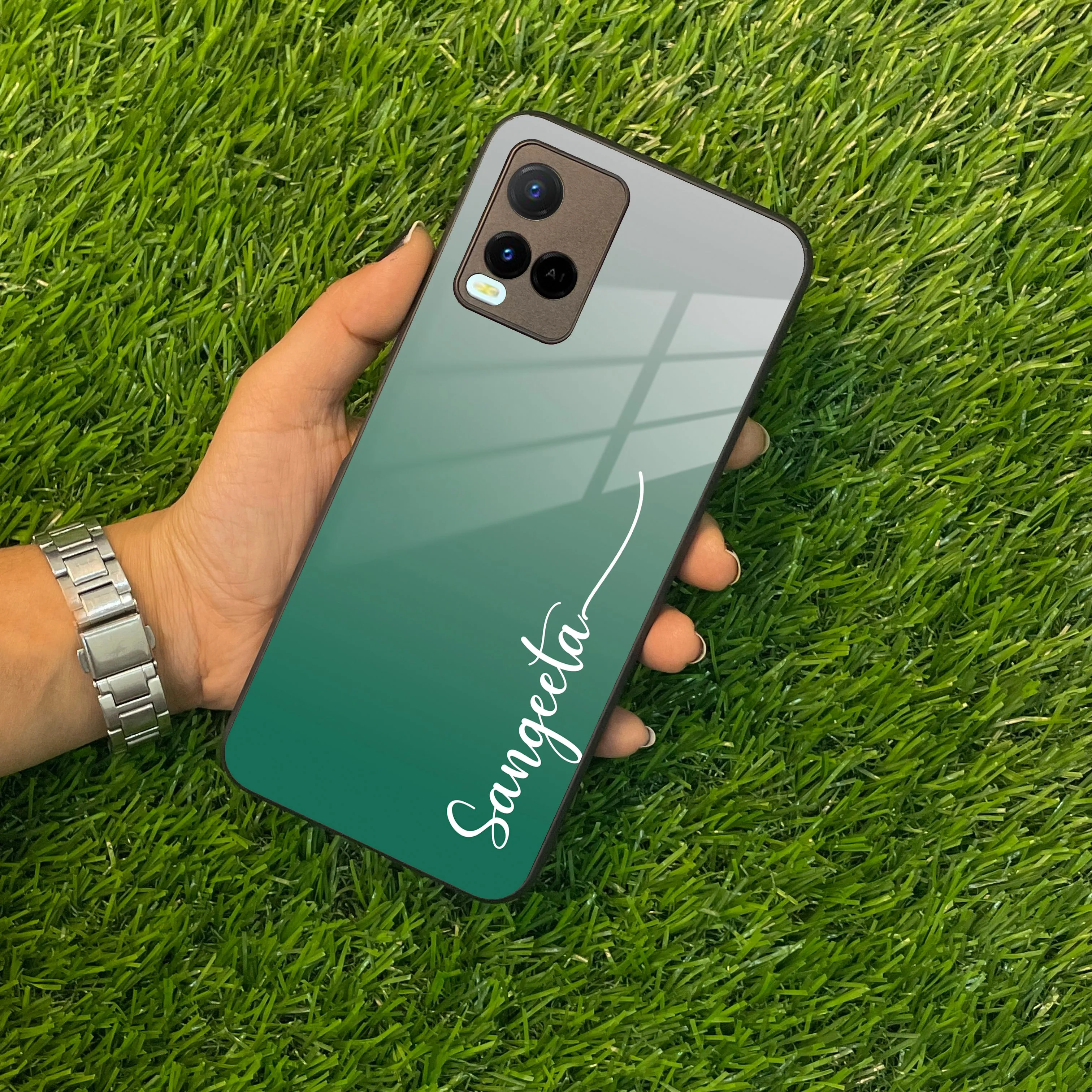 Customize Name Gradient Glass Case Cover Green For Vivo