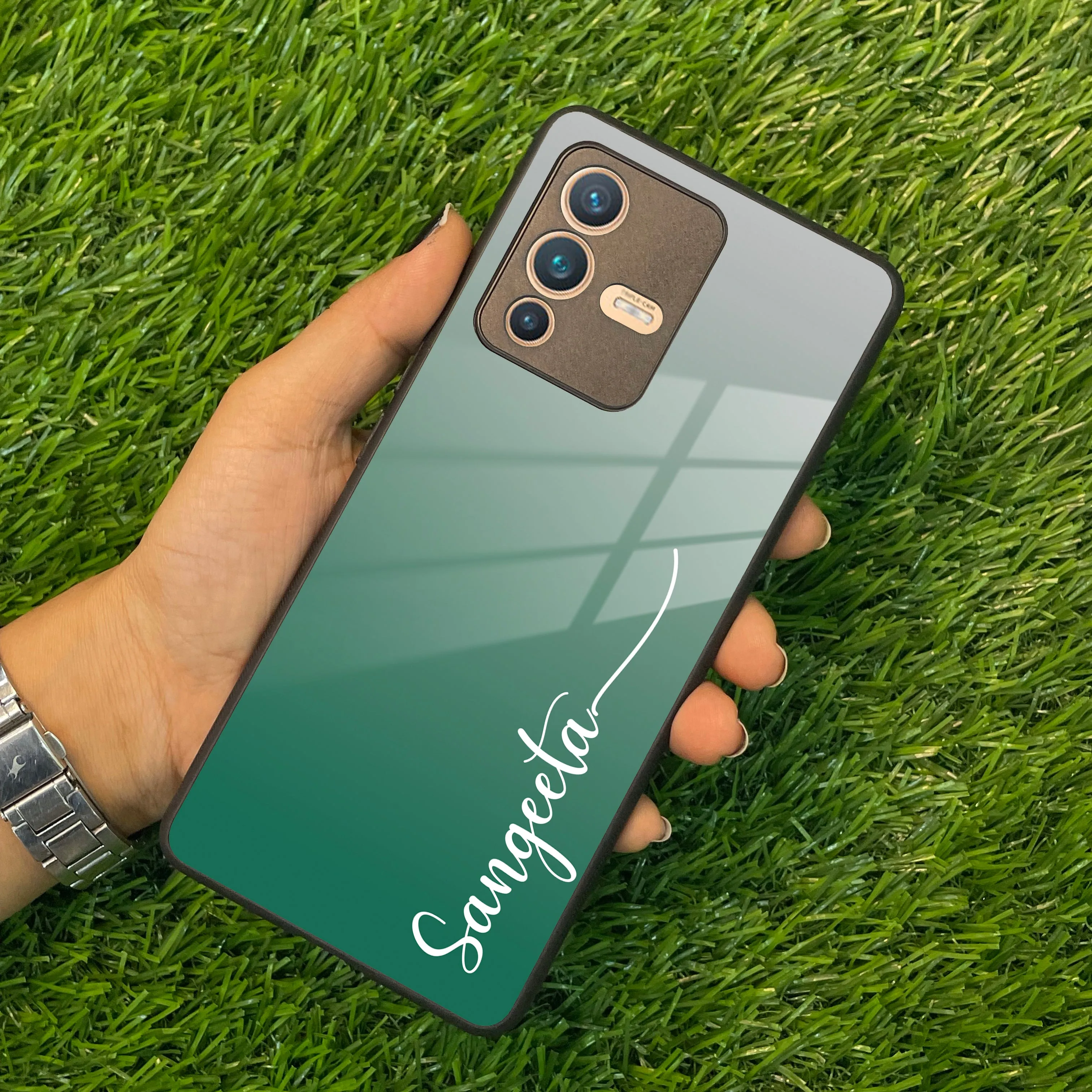 Customize Name Gradient Glass Case Cover Green For Vivo