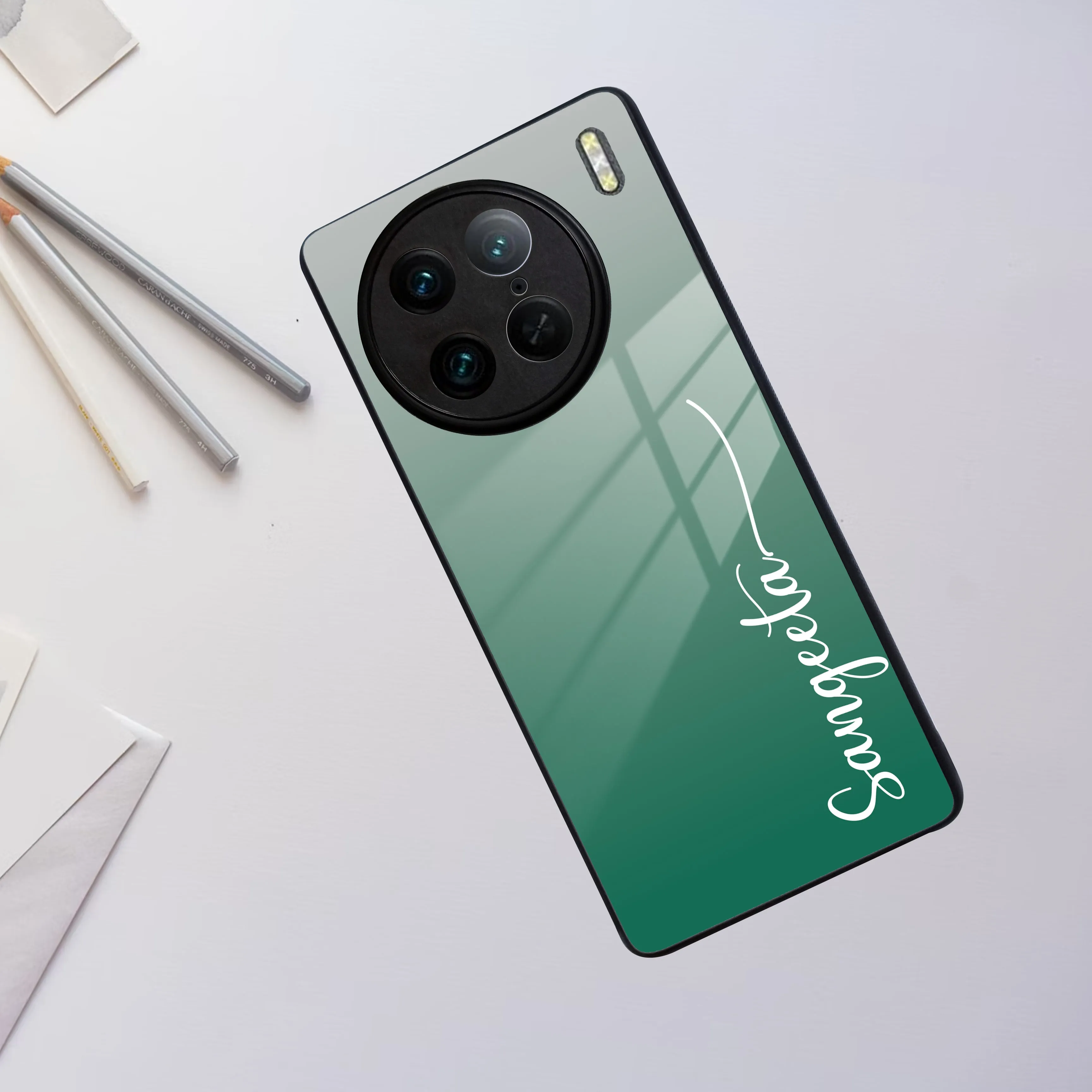 Customize Name Gradient Glass Case Cover Green For Vivo