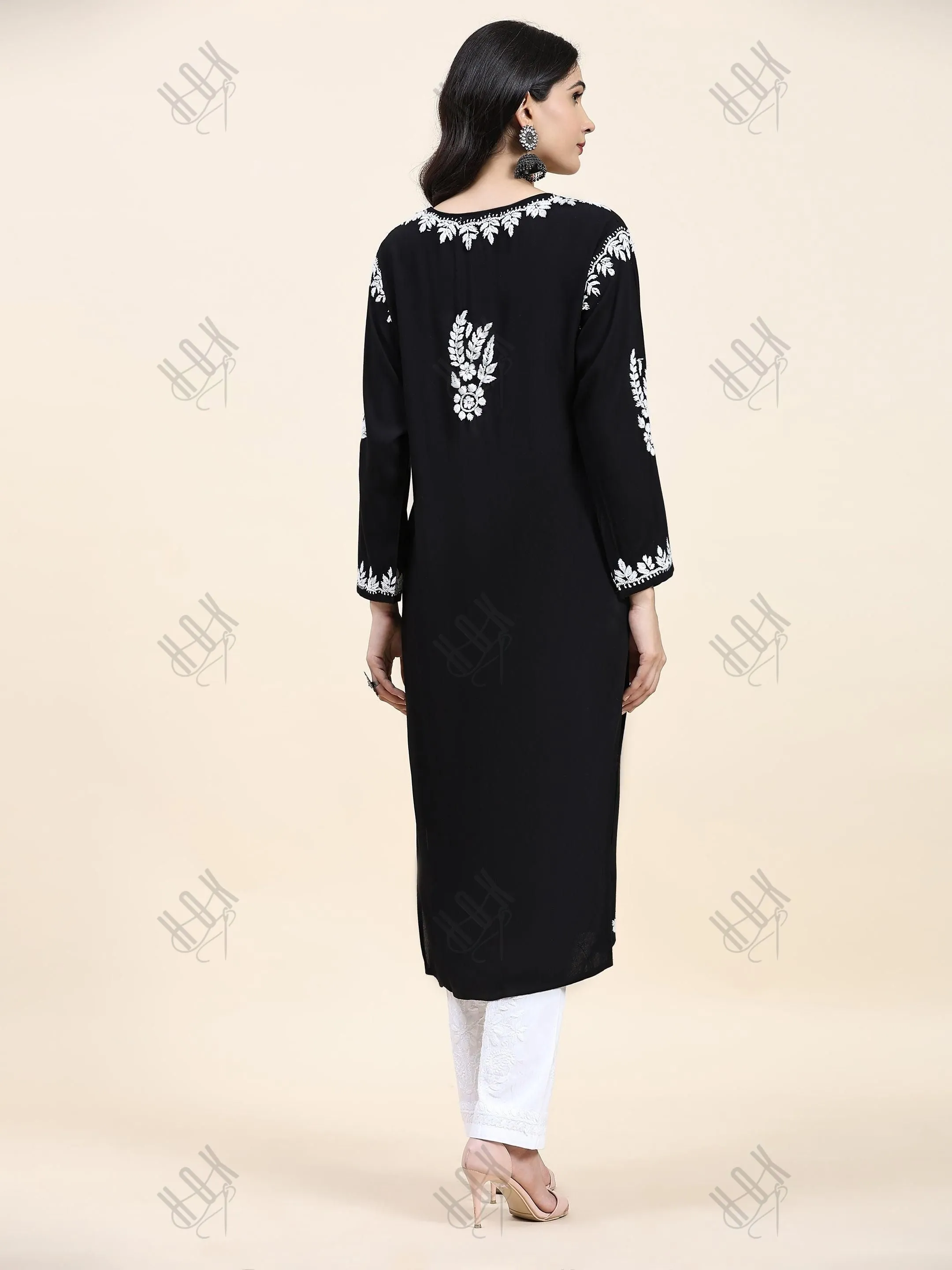 Fizaa Chikankari Long Kurta in Rayon Cotton for Women- Black