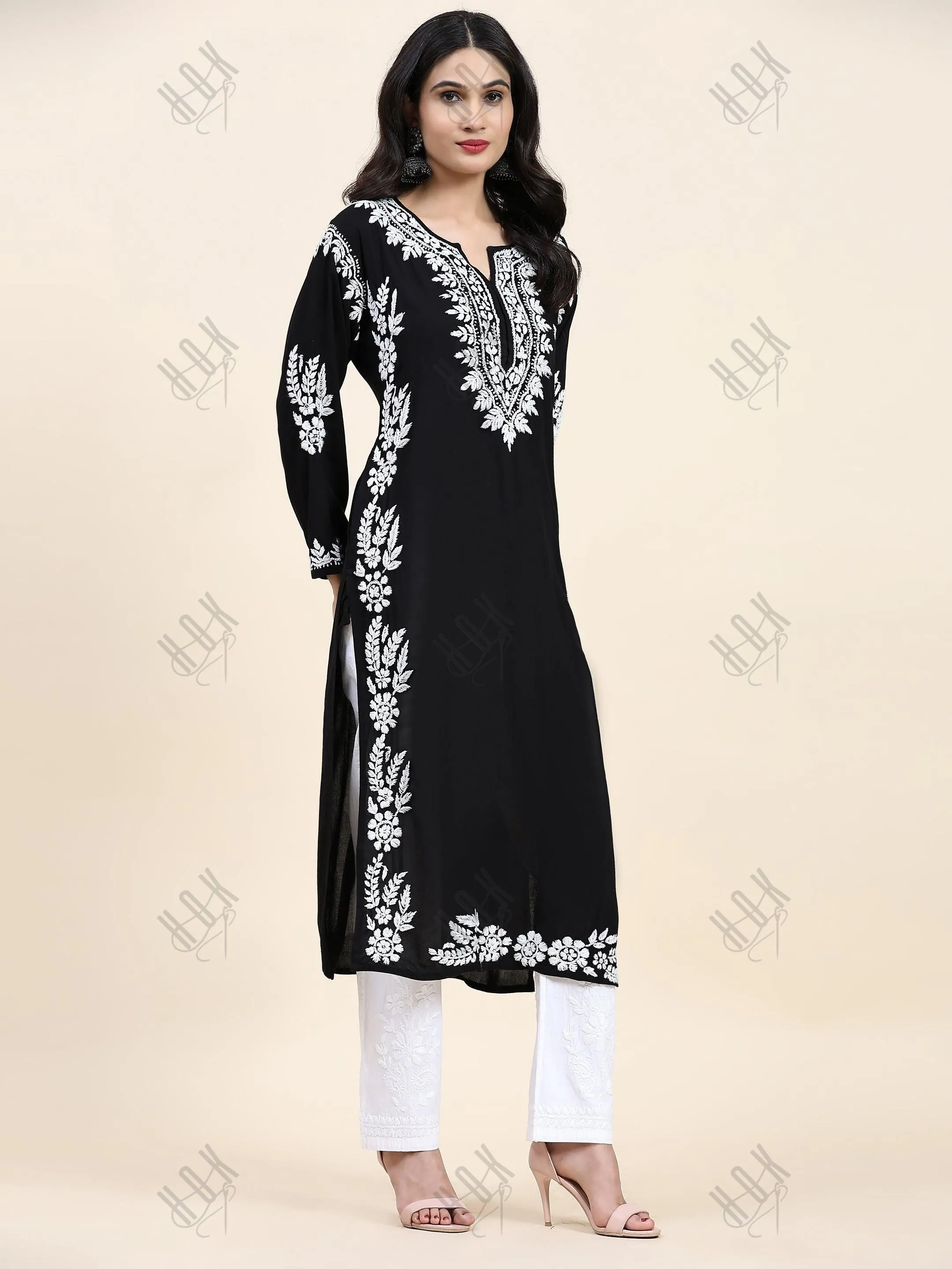 Fizaa Chikankari Long Kurta in Rayon Cotton for Women- Black