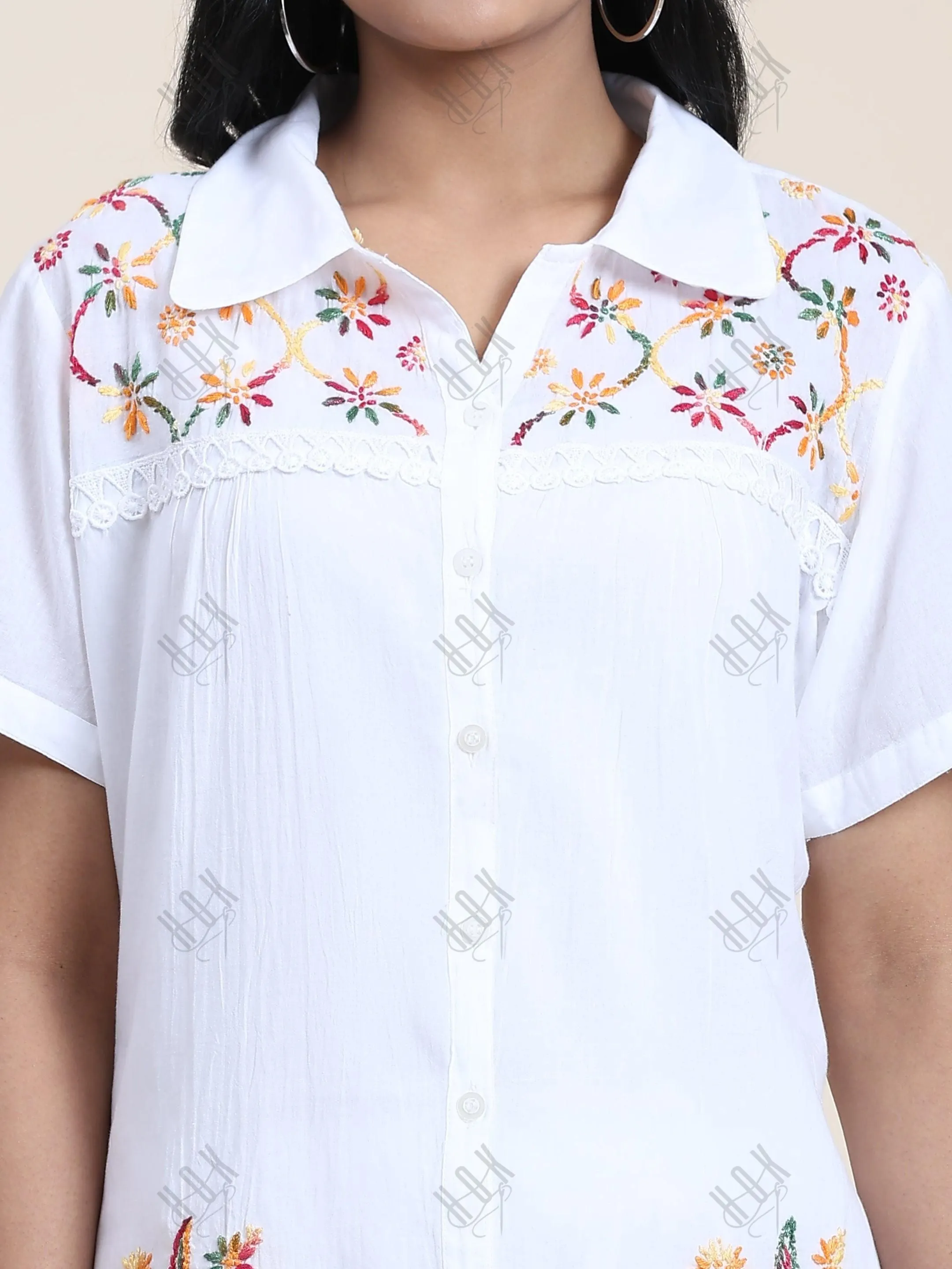 Hand embroidery Chikankari tunic-White With Multi
