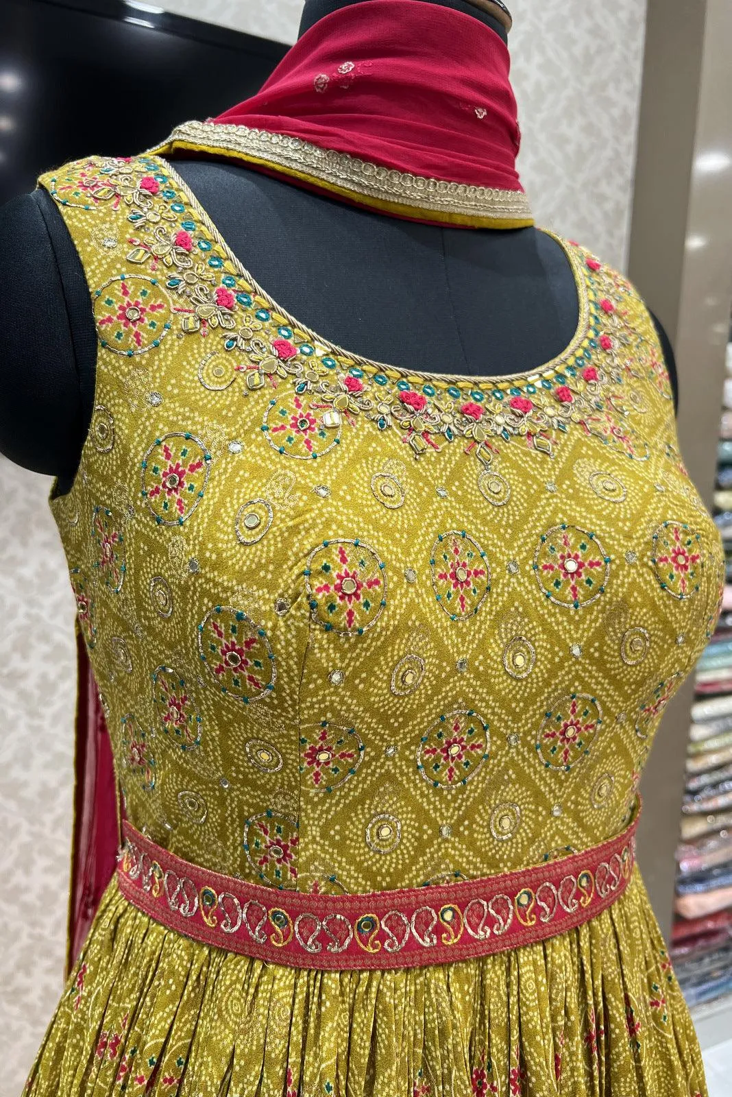 Mehendi Green Digital Print, Banaras, Mirror, Zardozi and Stone work Floor Length Anarkali Suit