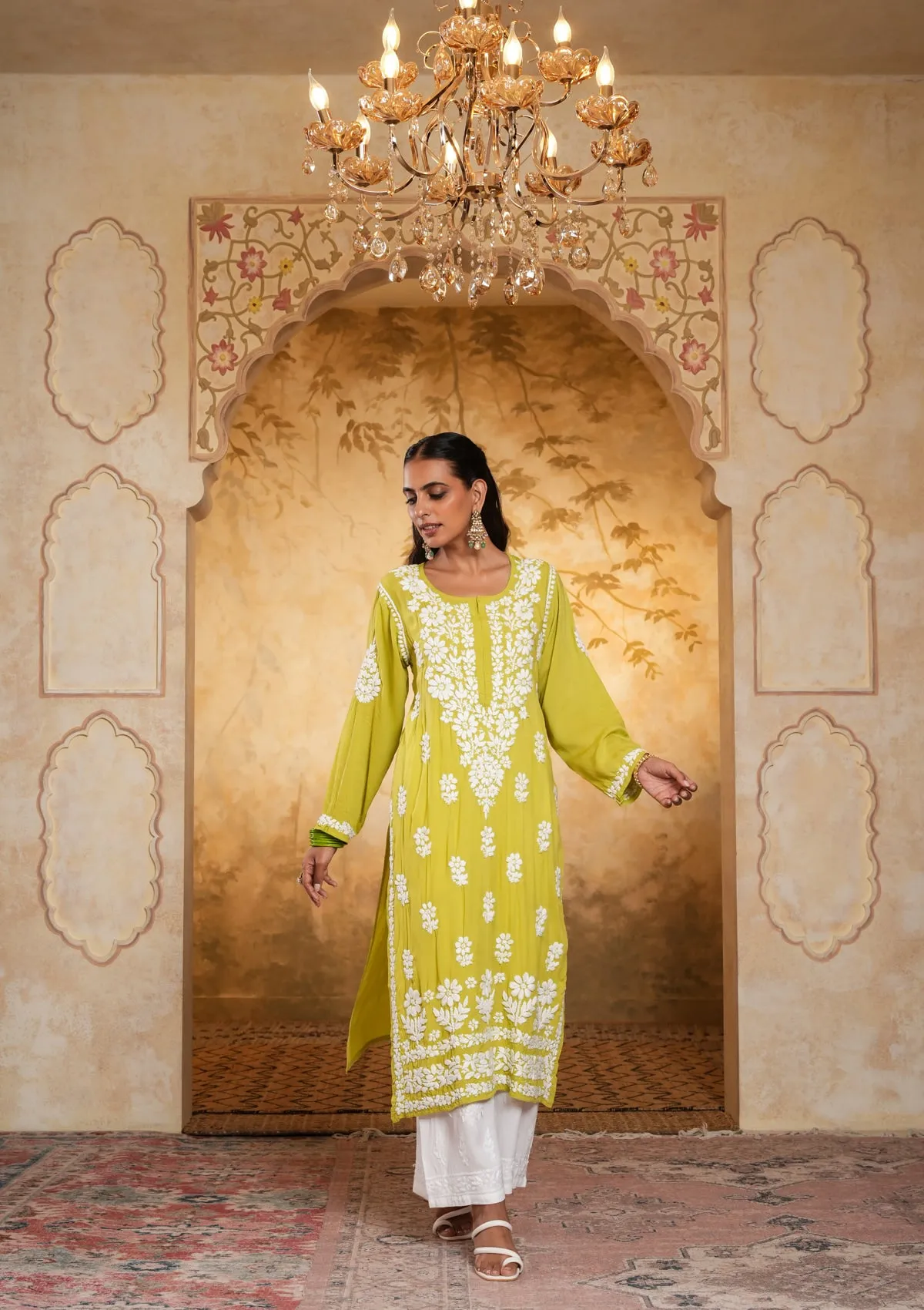Modal Chikankari Solid Women's Long Kurta - Green