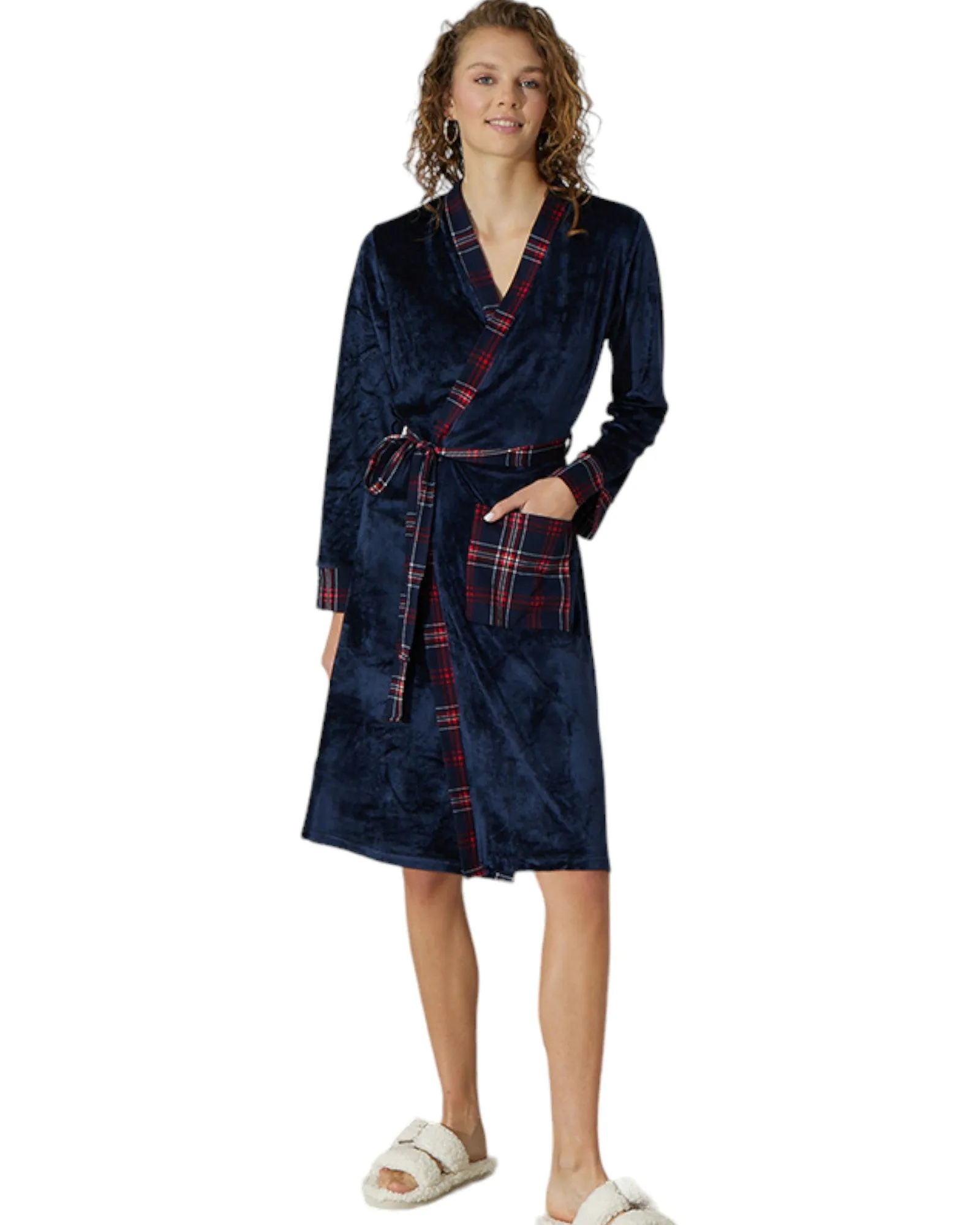 Navy Long Sleeve Pajamas Robe with Plaid Print