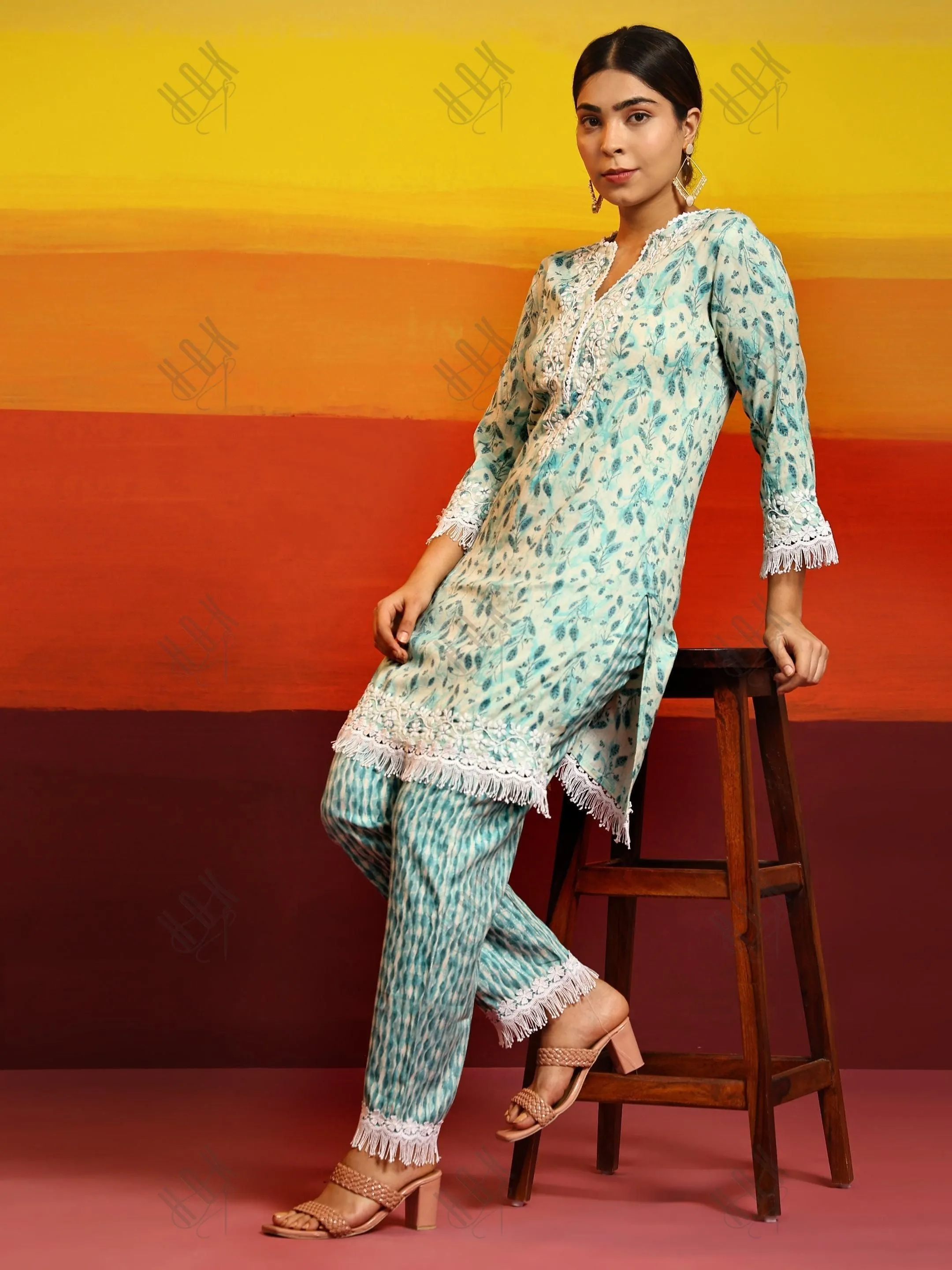 Nikita in Chikankari Co-ord set in Cotton for Women- Green