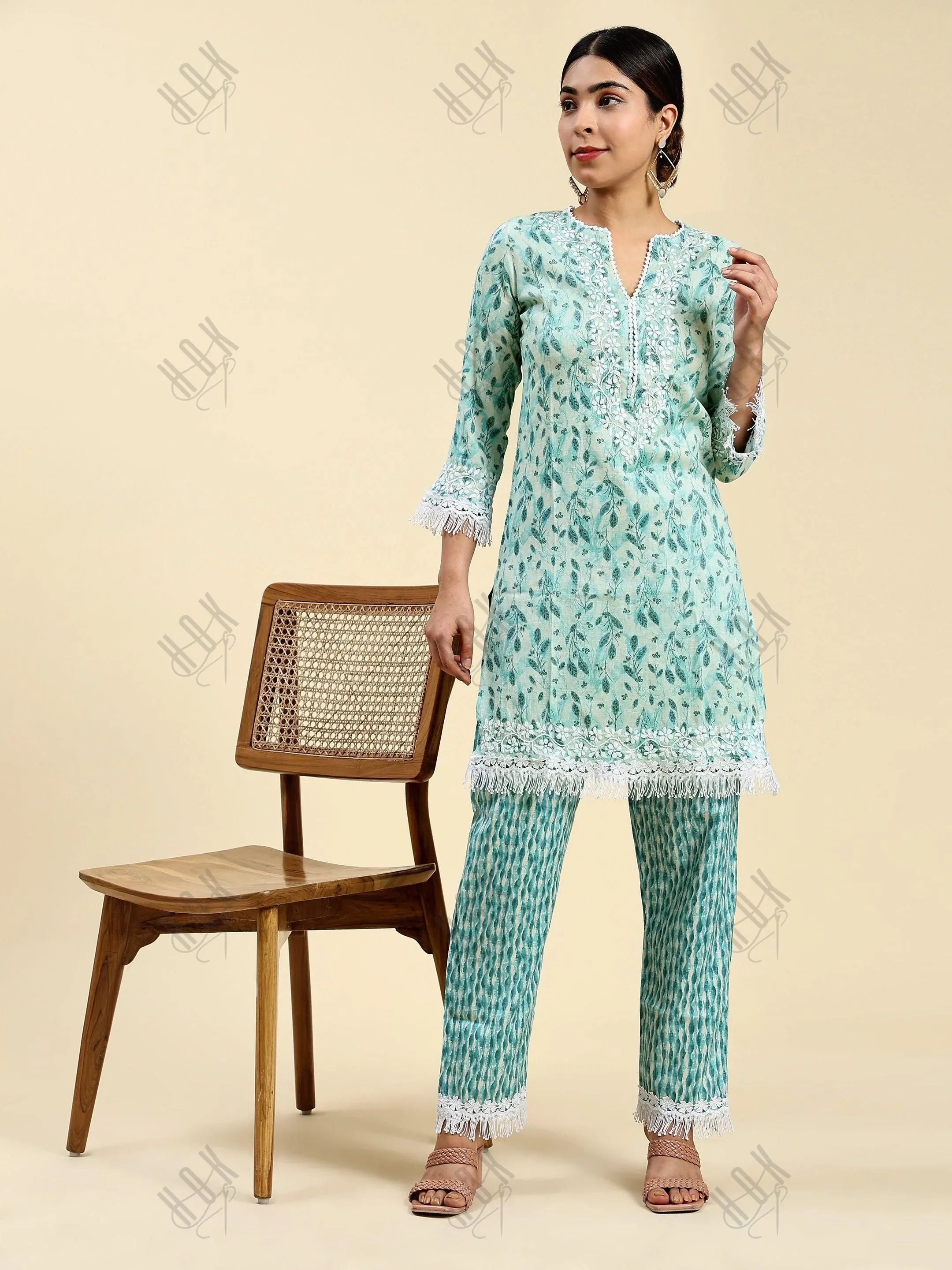 Nikita in Chikankari Co-ord set in Cotton for Women- Green