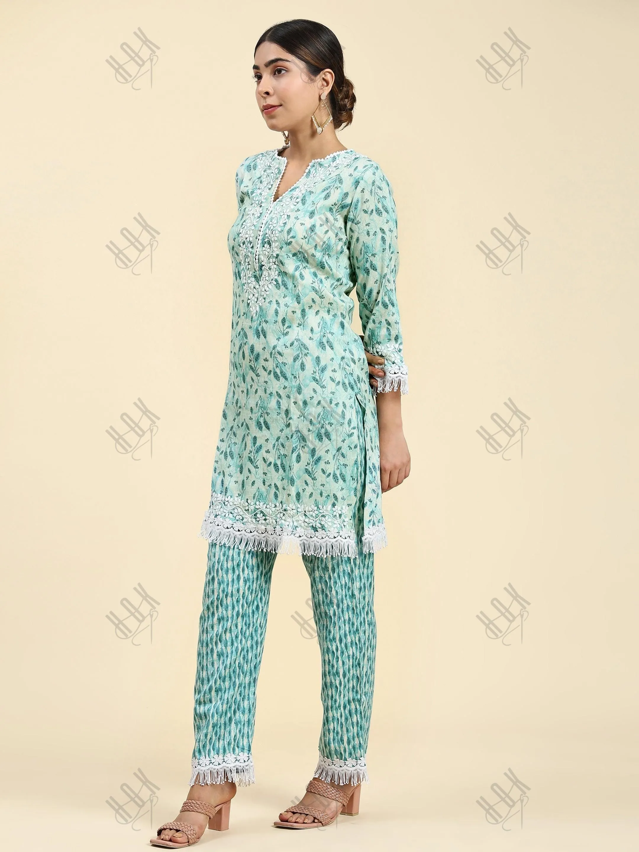Nikita in Chikankari Co-ord set in Cotton for Women- Green