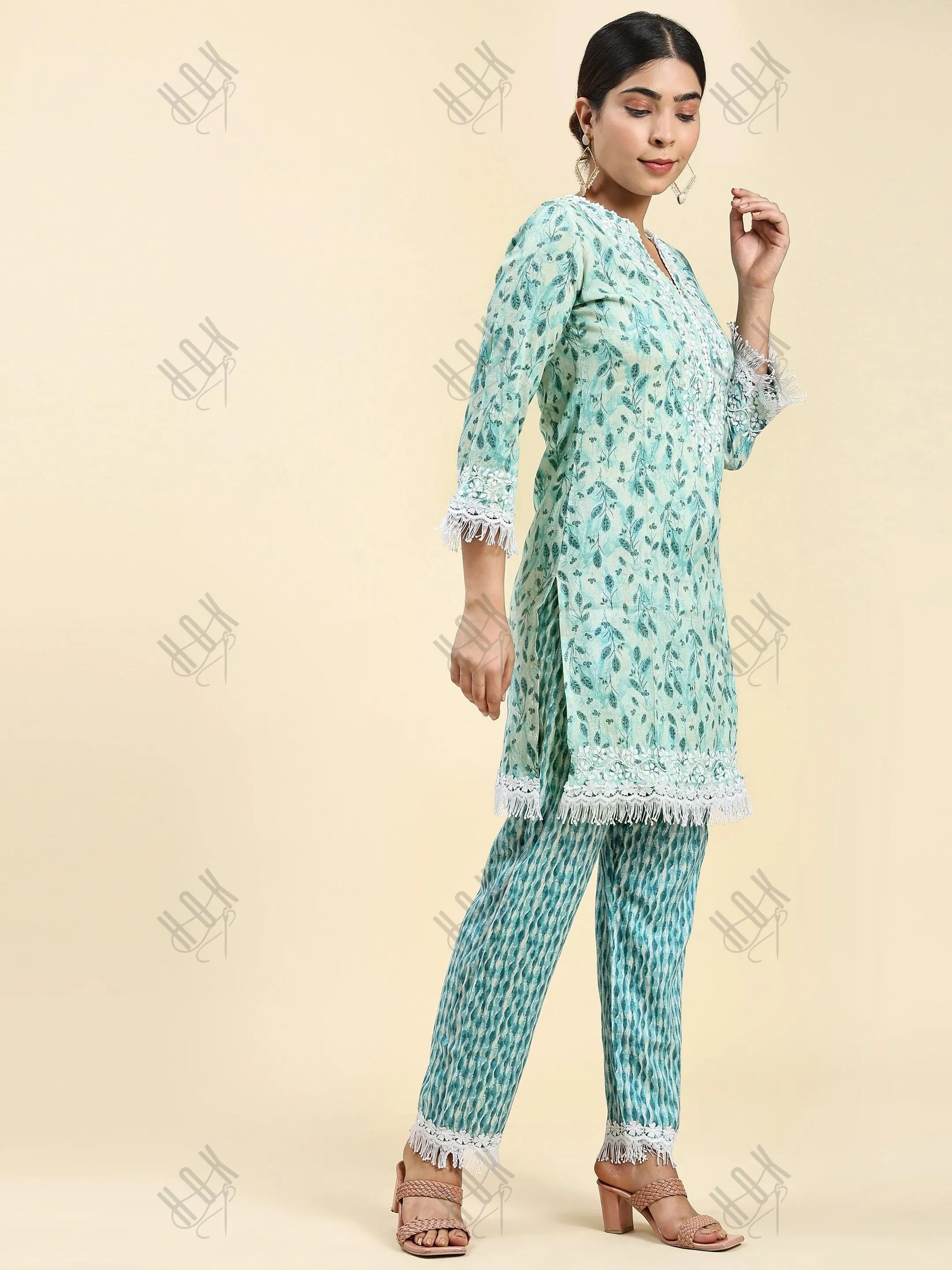 Nikita in Chikankari Co-ord set in Cotton for Women- Green