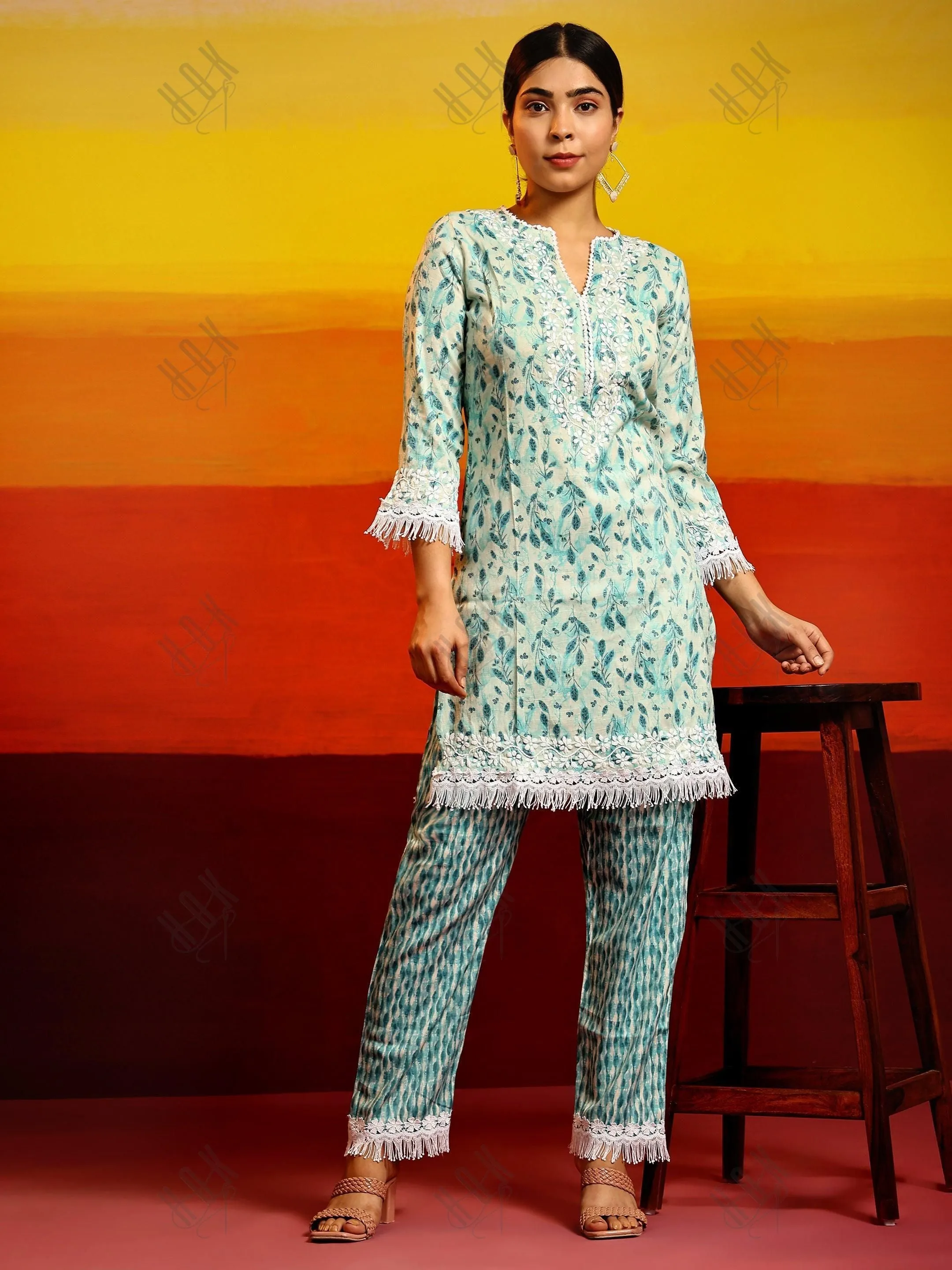 Nikita in Chikankari Co-ord set in Cotton for Women- Green