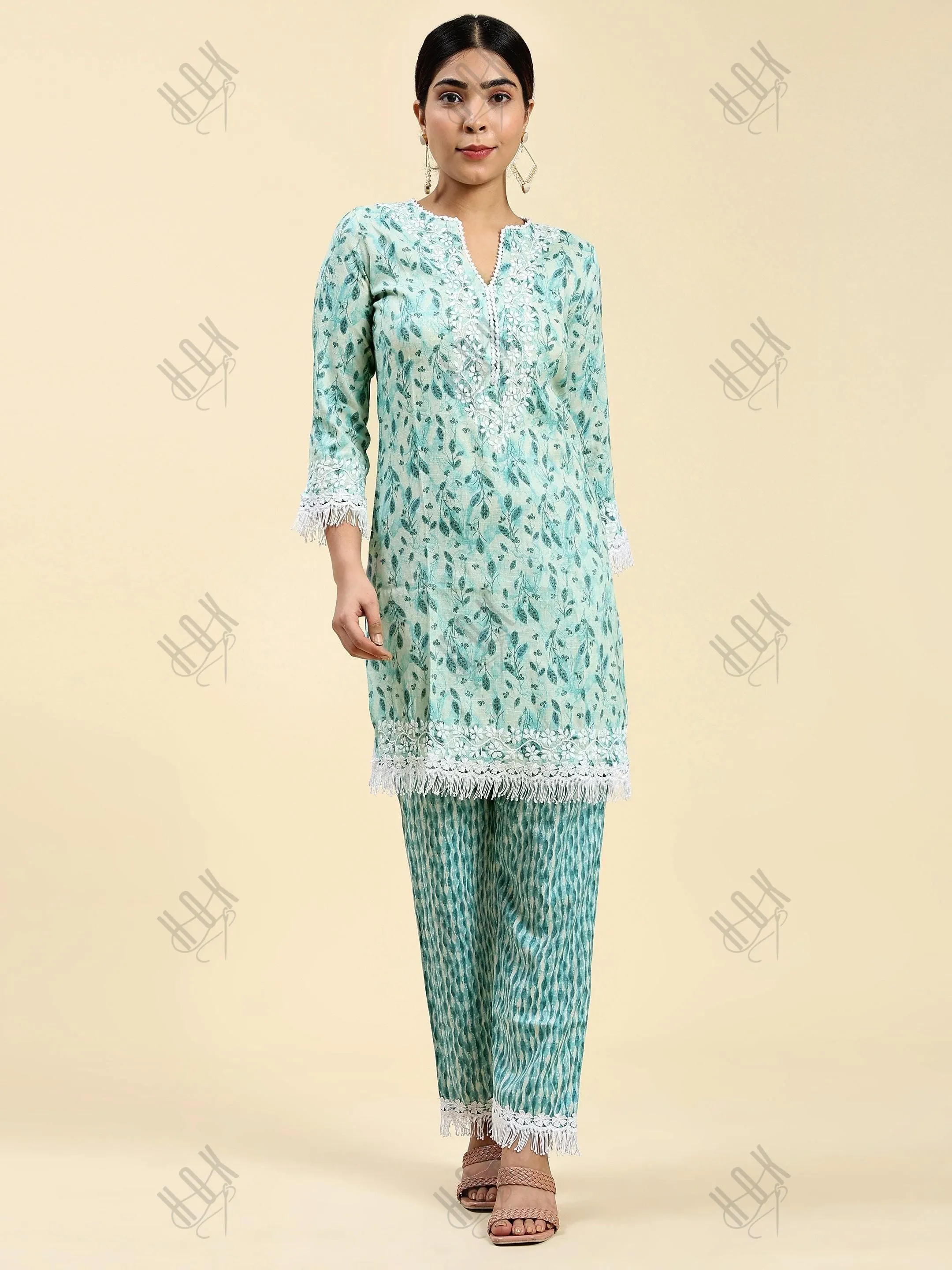 Nikita in Chikankari Co-ord set in Cotton for Women- Green